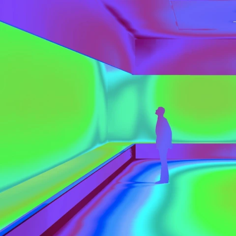 美術館照明の3Dシミュレーション:専門家が照度や均一性を予測し、関係者と光環境のイメージを共有する場面